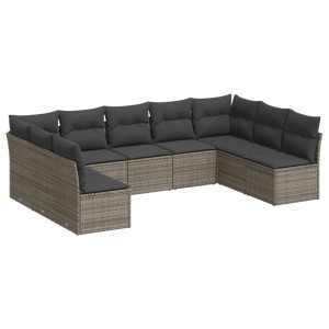 9 pcs conjunto sofás p/ jardim com almofadões vime PE cinzento H