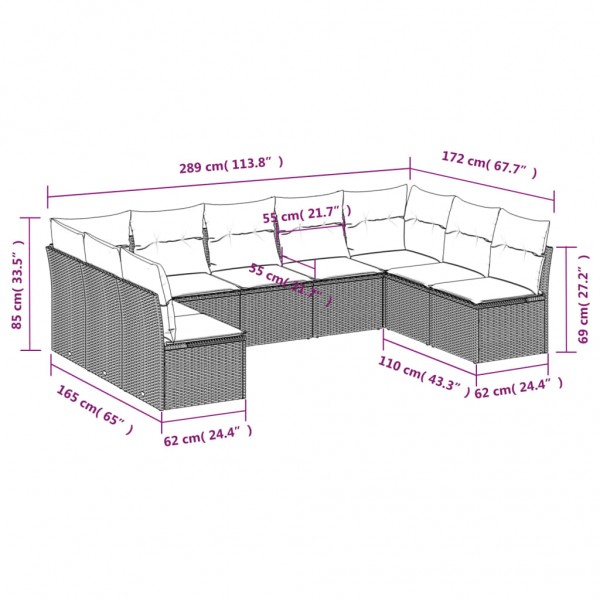 Set de muebles de jardín 9 pzas y cojines ratán sintético gris M 3