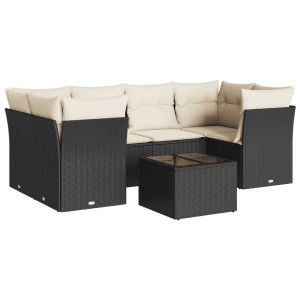 7 pcs conjunto de sofás p/ jardim c/ almofadões vime PE preto H