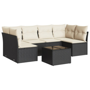 7 pcs conjunto de sofás p/ jardim c/ almofadões vime PE preto H