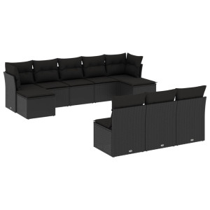 10 pcs conjunto sofás de jardim c/ almofadões vime PE preto H