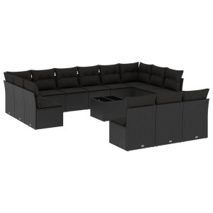 14 pcs conjunto de sofás p/ jardim c/ almofadões vime PE preto H