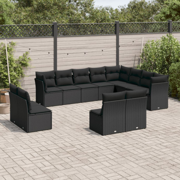 12 pcs conjunto de sofás de jardim c/ almofadões vime PE preto D