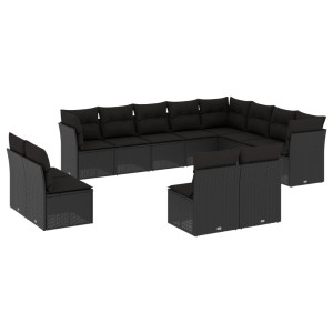 12 pcs conjunto de sofás de jardim c/ almofadões vime PE preto H