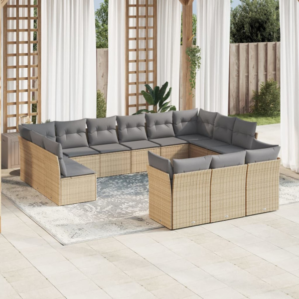 Set sofás de jardín con cojines 13 pzas ratán sintético beige D