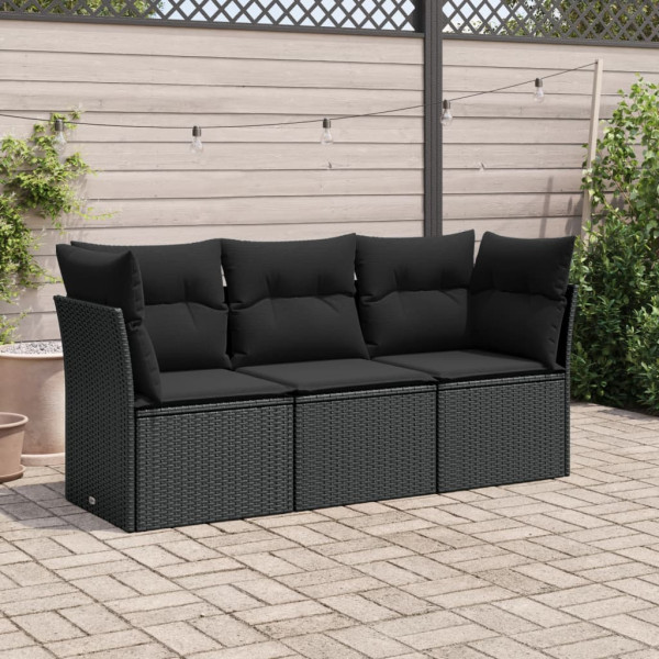 3 pcs conjunto sofás de jardim com almofadões vime PE preto D