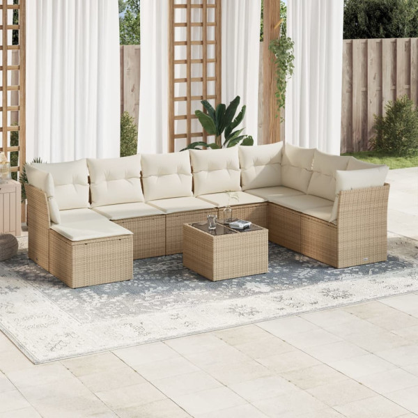 Set de sofás de jardín 9 pzas con cojines ratán sintético beige D