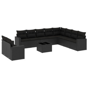 11 pcs conjunto sofás de jardim c/ almofadões vime PE preto H