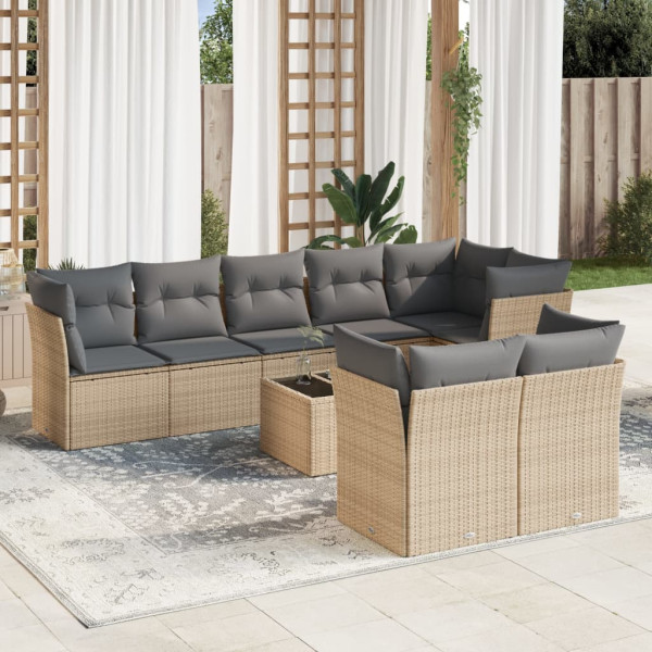 Set de sofás de jardín 9 pzas con cojines ratán sintético beige D