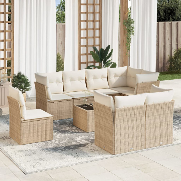 Set de sofás de jardín 9 pzas con cojines ratán sintético beige D