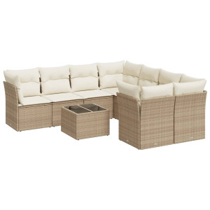Set de sofás de jardín 9 pzas con cojines ratán sintético beige H