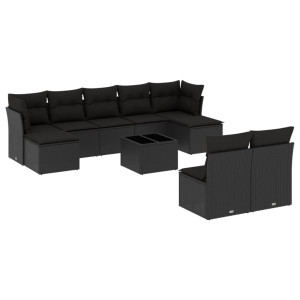 Set de sofás de jardín 10 pzas cojines ratán sintético negro H