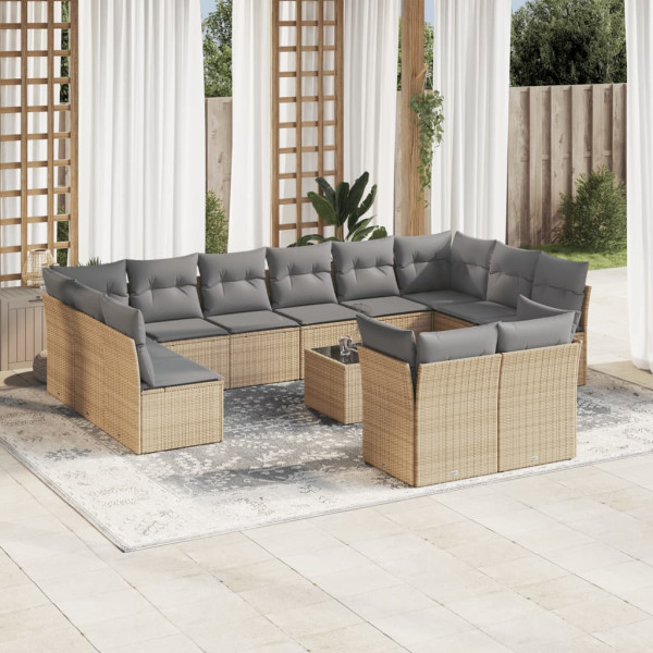 Set sofás de jardín con cojines 13 pzas ratán sintético beige D