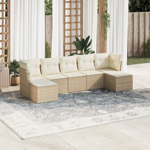 Set sofás de jardín 7 piezas y cojines ratán sintético beige D
