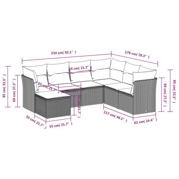 7 pcs conjunto sofás p/ jardim c/ almofadões vime PE cinzento M 3