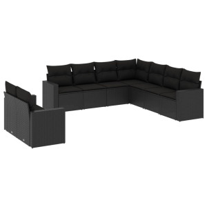 9 pcs conjunto de sofás p/ jardim c/ almofadões vime PE preto H