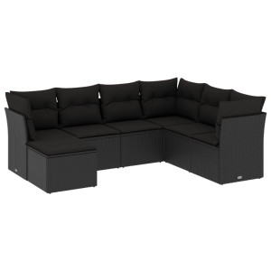 7 pcs conjunto de sofás p/ jardim c/ almofadões vime PE preto H