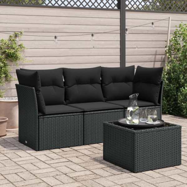 4 pcs conjunto de sofás para jardim c/ almofadões vime PE preto D