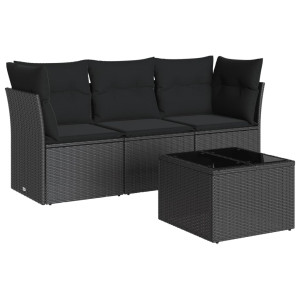 4 pcs conjunto de sofás para jardim c/ almofadões vime PE preto H