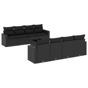 9 pcs conjunto de sofás p/ jardim c/ almofadões vime PE preto H