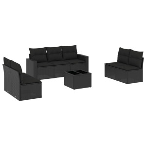8 pcs conjunto sofás de jardim com almofadões vime PE preto H