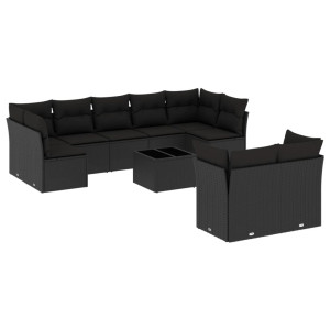 10 pcs conjunto sofás de jardim c/ almofadões vime PE preto H