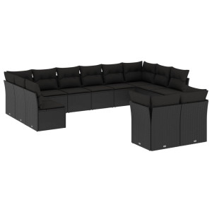 12 pcs conjunto de sofás de jardim c/ almofadões vime PE preto H