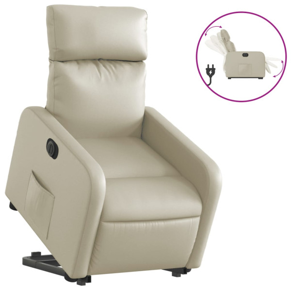 Sillón reclinable elevable eléctrico de cuero sintético crema M 2