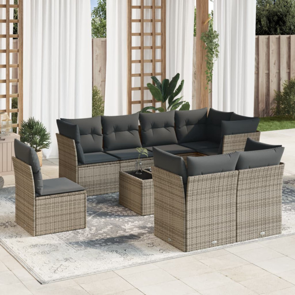 9 pcs conjunto sofás p/ jardim com almofadões vime PE cinzento D