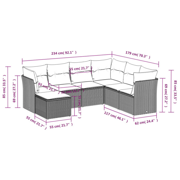 7 pcs conjunto de sofás p/ jardim com almofadões vime PE bege M 3