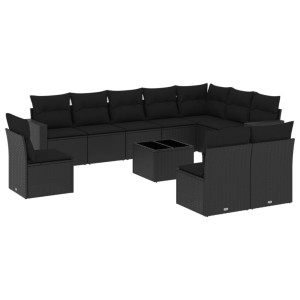 11 pcs conjunto sofás de jardim c/ almofadões vime PE preto H