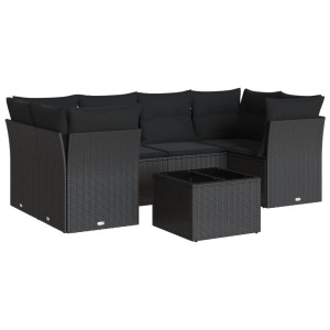 7 pcs conjunto de sofás p/ jardim c/ almofadões vime PE preto H