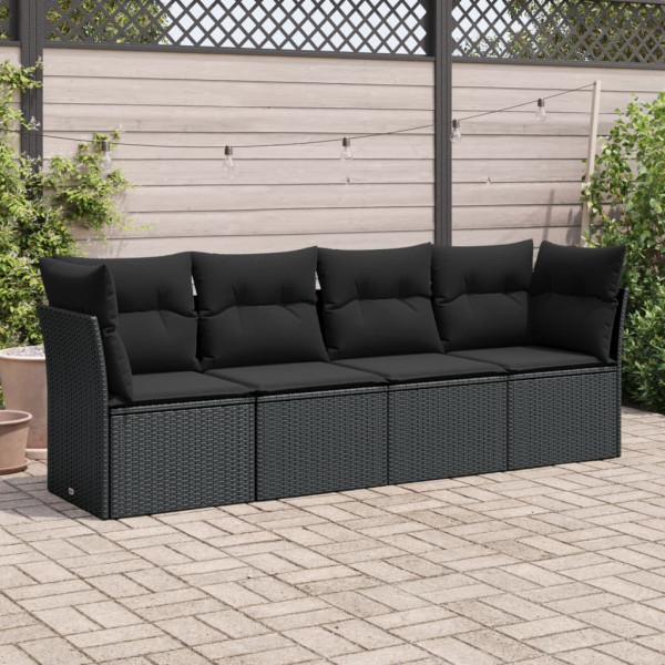 4 pcs conjunto de sofás para jardim c/ almofadões vime PE preto D