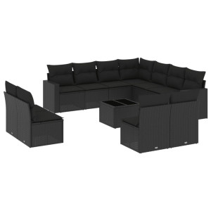 12 pcs conjunto de sofás de jardim c/ almofadões vime PE preto H