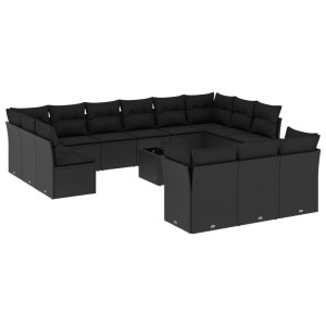 14 pcs conjunto de sofás p/ jardim c/ almofadões vime PE preto H