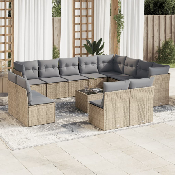 Set sofás de jardín con cojines 13 pzas ratán sintético beige D