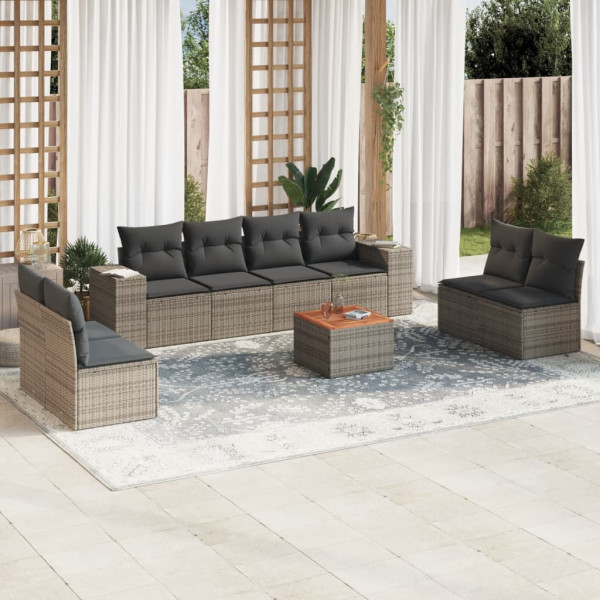 9 pcs conjunto sofás p/ jardim com almofadões vime PE cinzento D