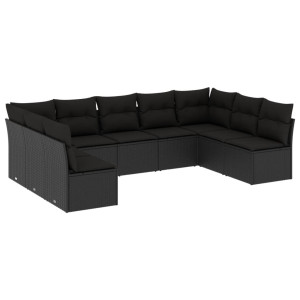 9 pcs conjunto de sofás p/ jardim c/ almofadões vime PE preto H