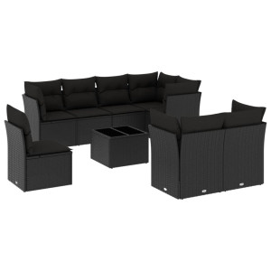 9 pcs conjunto de sofás p/ jardim c/ almofadões vime PE preto H