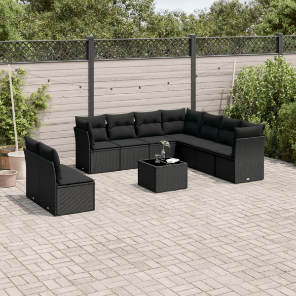 10 pcs conjunto sofás de jardim c/ almofadões vime PE preto D