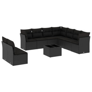 10 pcs conjunto sofás de jardim c/ almofadões vime PE preto H