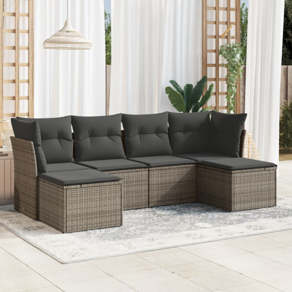 6 pcs conjunto sofás de jardim com almofadões vime cinzento D