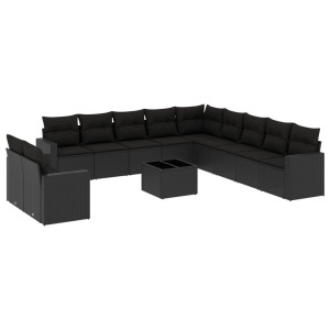 12 pcs conjunto de sofás de jardim c/ almofadões vime PE preto H