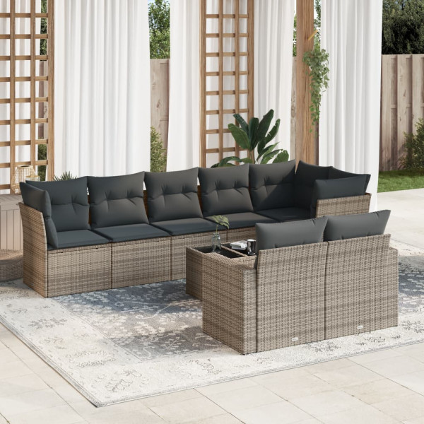 9 pcs conjunto sofás p/ jardim com almofadões vime PE cinzento D