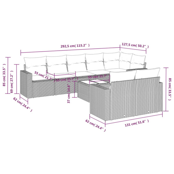 9 pcs conjunto sofás p/ jardim com almofadões vime PE cinzento M 3