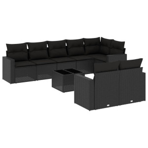 9 pcs conjunto de sofás p/ jardim c/ almofadões vime PE preto H