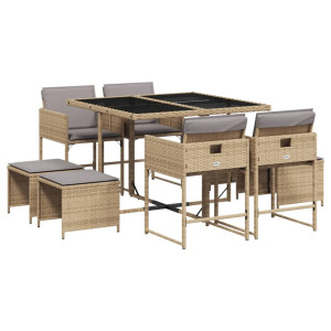 Set comedor de jardín 9 pzas con cojines ratán sintético beige H