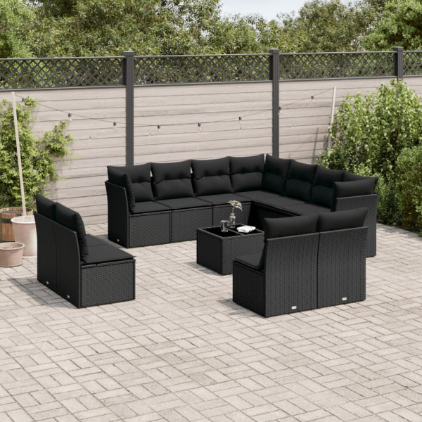 12 pcs conjunto de sofás de jardim c/ almofadões vime PE preto D