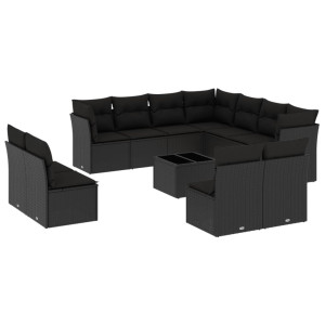 12 pcs conjunto de sofás de jardim c/ almofadões vime PE preto H
