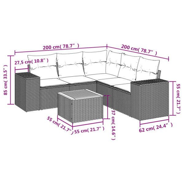 Set de muebles de jardín 6 pzas y cojines ratán sintético gris M 3